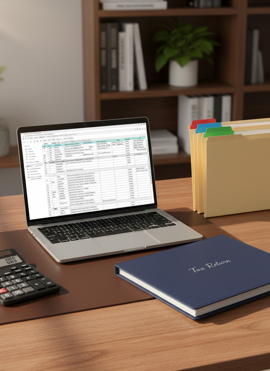 A neatly arranged wooden desk featuring an open silver laptop displaying a clean tax spreadsheet, beside a closed navy-blue folder embossed with “Tax Return” in subtle silver lettering. A stack of organized manila file folders with color-coded tabs sits to one side, and a slim black calculator with crisp, illuminated numbers rests on a smooth leather desk pad. Soft daylight from an unseen window washes across the surface, creating gentle reflections and calm shadows. Photographic realism at eye-level, with a shallow depth of field that blurs a tidy bookshelf and a small indoor plant in the background, conveying a professional, trustworthy, and year-round online tax services atmosphere.